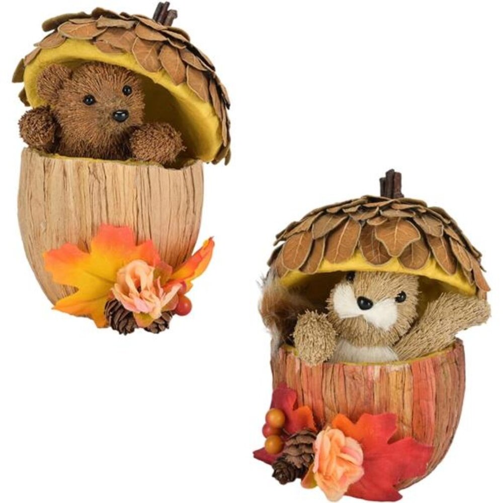 Nature Vibe 6.5 Inches Acorn Decor with Sisal Bear Squirrel Figurine Inside 2pck